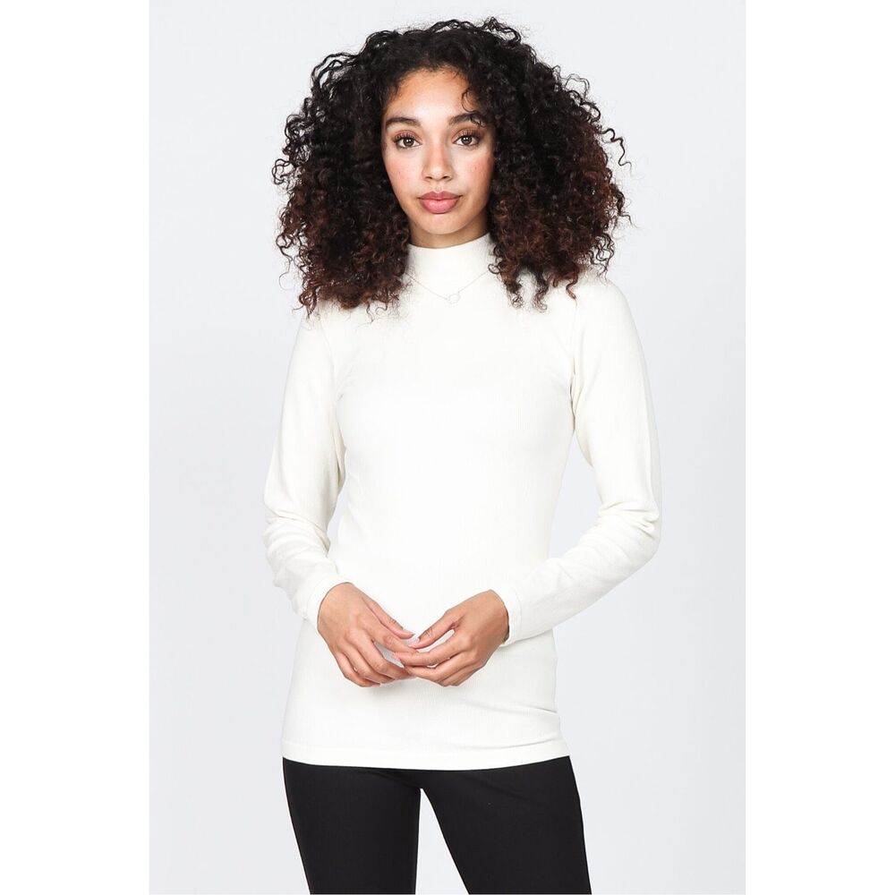 M. Rena Warm Ribbed Mock Turtleneck Long Sleeve Top | One Size (fits 2–12) | Cre